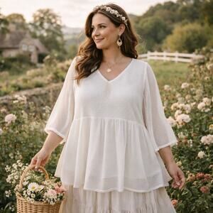 Agnes Orinda Swiss Dot Babydoll Top Sz 3X Fairy White Cottage Boho Sheer Flowy